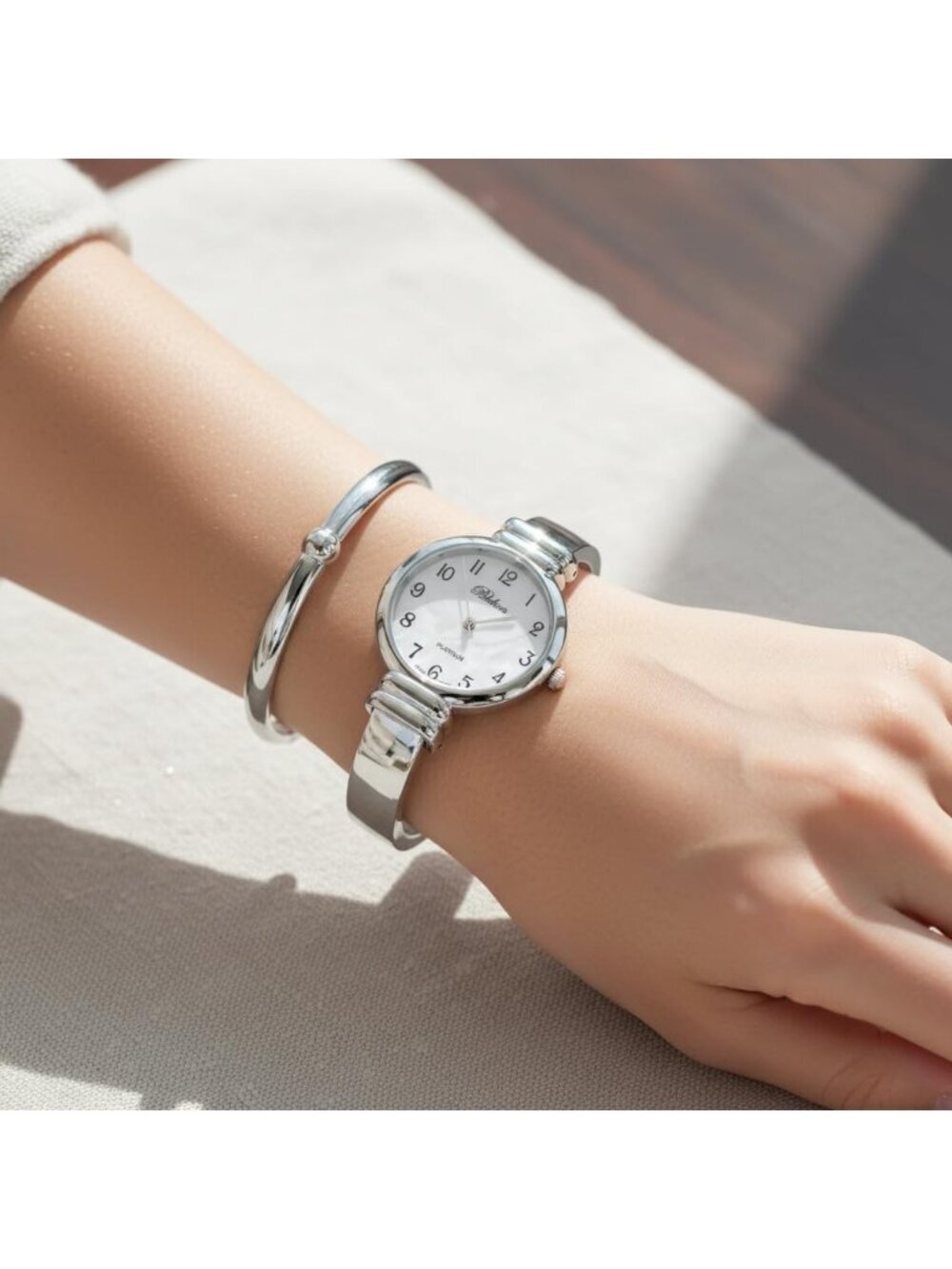 Women's Silver Stylish Pearl Cuff Bracelet Quartz Movement Metal hinged Watch - Picture 5 of 6
